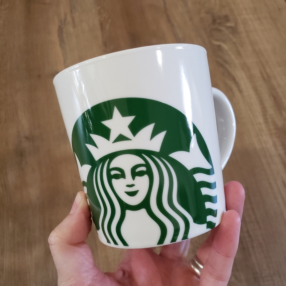 Starbucks Larger/Short Classic Coffee Mug Green Siren Mermaid White Barrel Cup